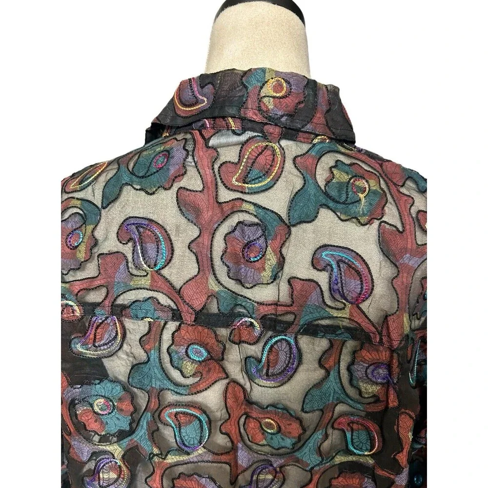 Chico's Design Vintage 90s Sheer Burnout Paisley Silk Blend Embroidered Top Sz 3